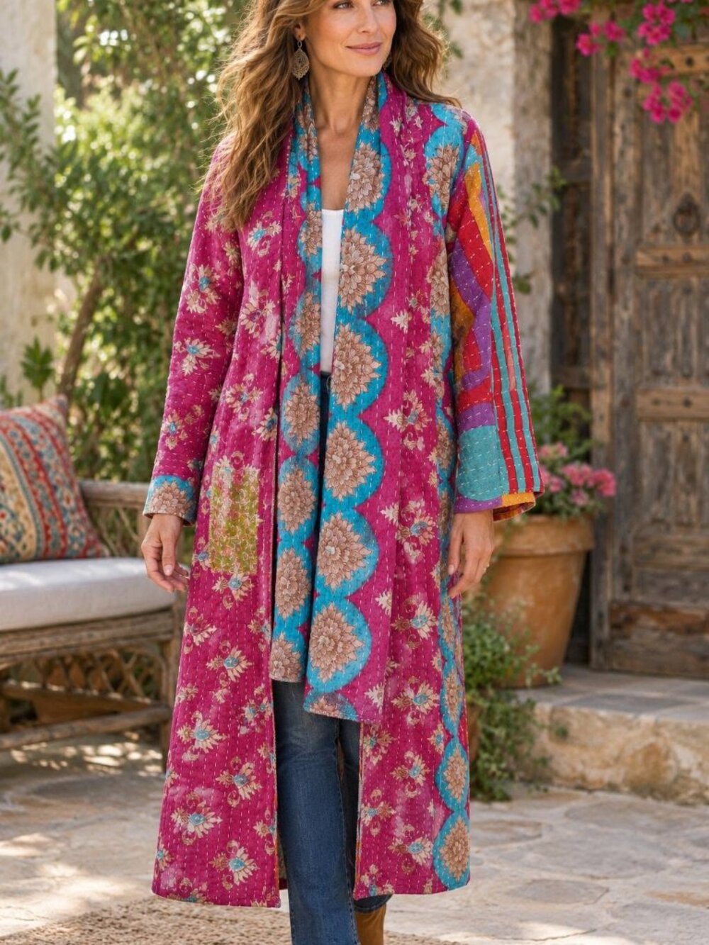 Women Handmade Purple & Blue Dot Kantha Duster Open Front Kimono & Scarf Set OS